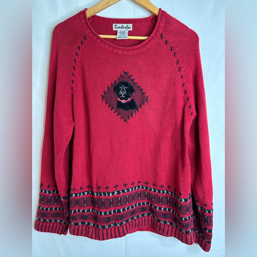 Timberlea Vintage Red Black Lab with Black Accents Roll Neck Sweater Size XL